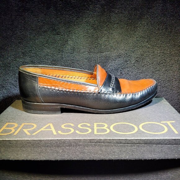 VINTAGE BRASSBOOT DONATO TWOTONE BLK/BRN MENS SLIPON LOAFERS...MADE IN SPAIN